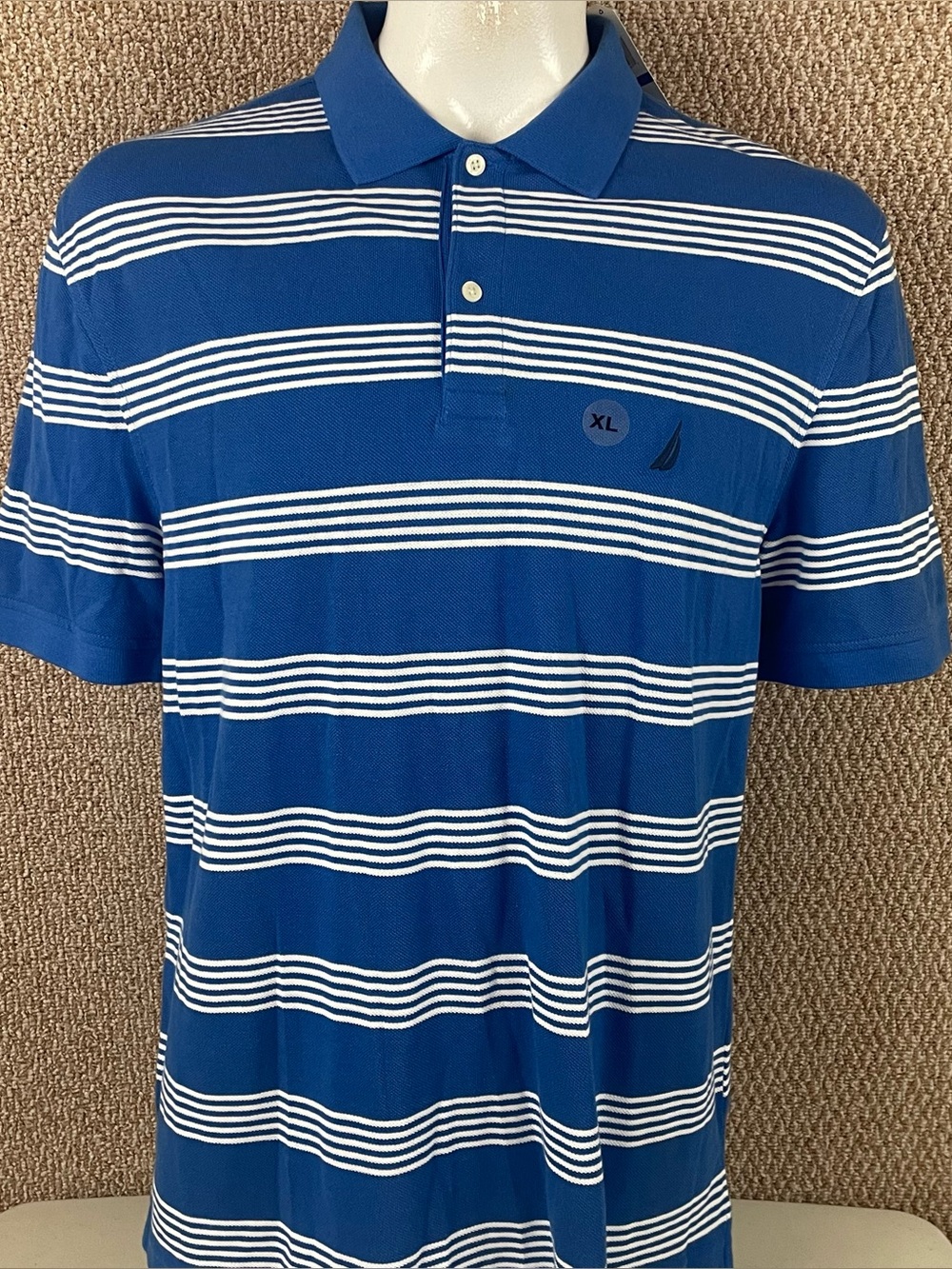 Nautica Polo Shirt Mens Size XL Blue White Striped Golf Short Sleeve NWT 67